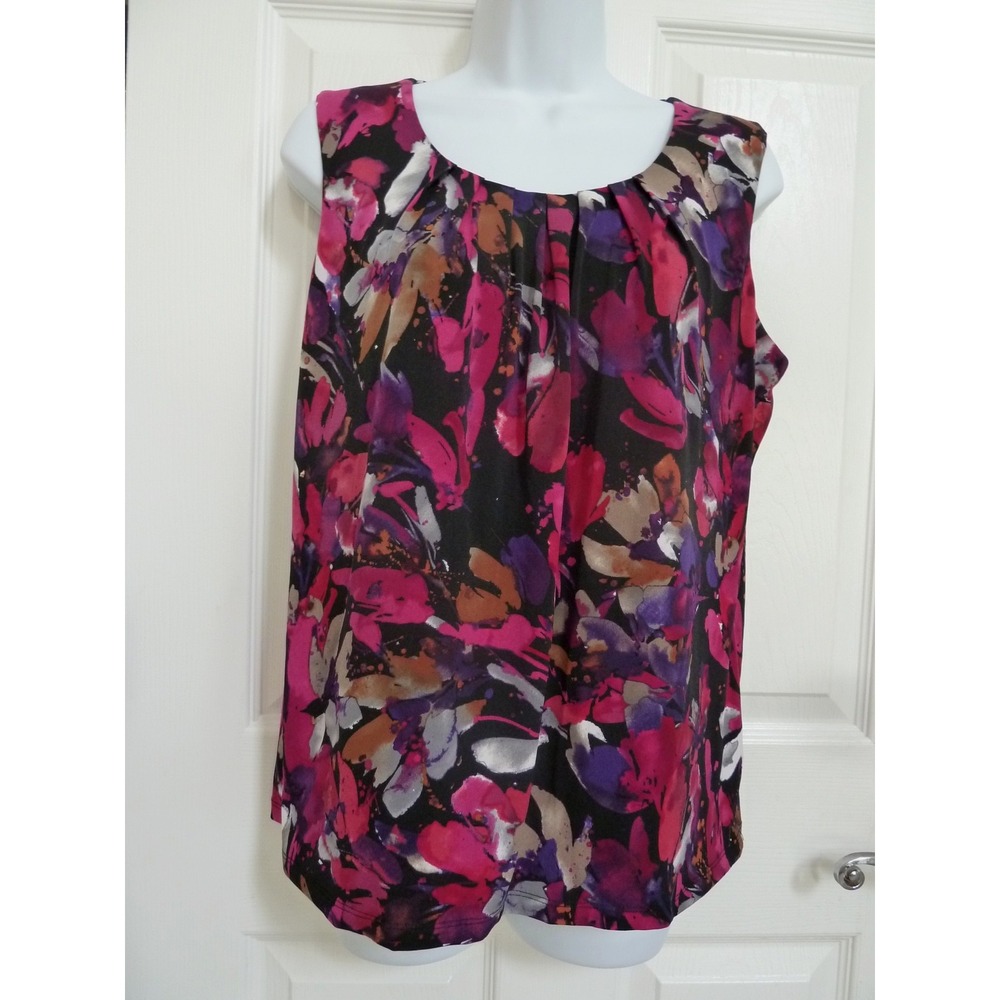 Kasper Women Medium Pink Purple Abstract Floral Sleeveless Gathered Neck Blouse